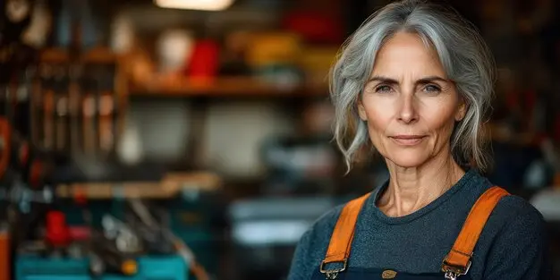 woman-confidently-stands-workshop-filled-with-tools-equipment